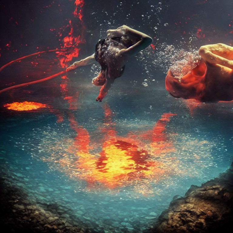 Underwater divers near glowing volcanic vents with bubbles - serene scene