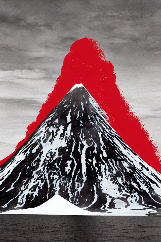 Digitally altered image: Mountain with red peak contrast on monochrome landscape