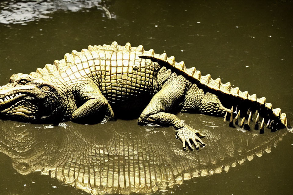 Crocodile Resting on Muddy Water with Rough, Scaly Skin and Powerful Limbs