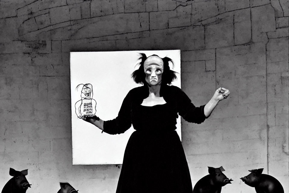 Person in mime-like makeup poses with white sign among figures in pig masks on concrete backdrop