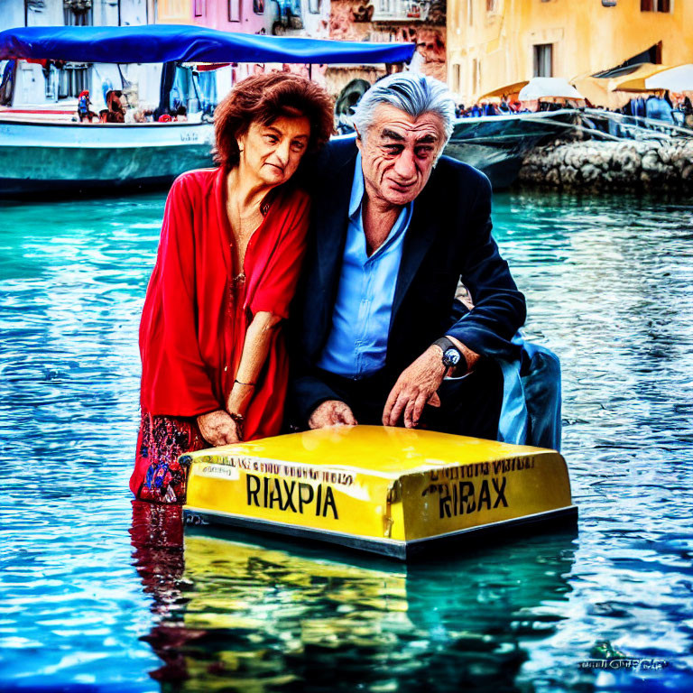 Elderly couple on colorful paddle boat in vibrant harbor scene