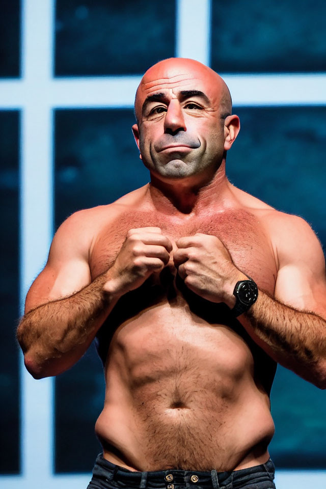 Muscular Bald Man Flexing Chest on Stage with Blue-lit Background