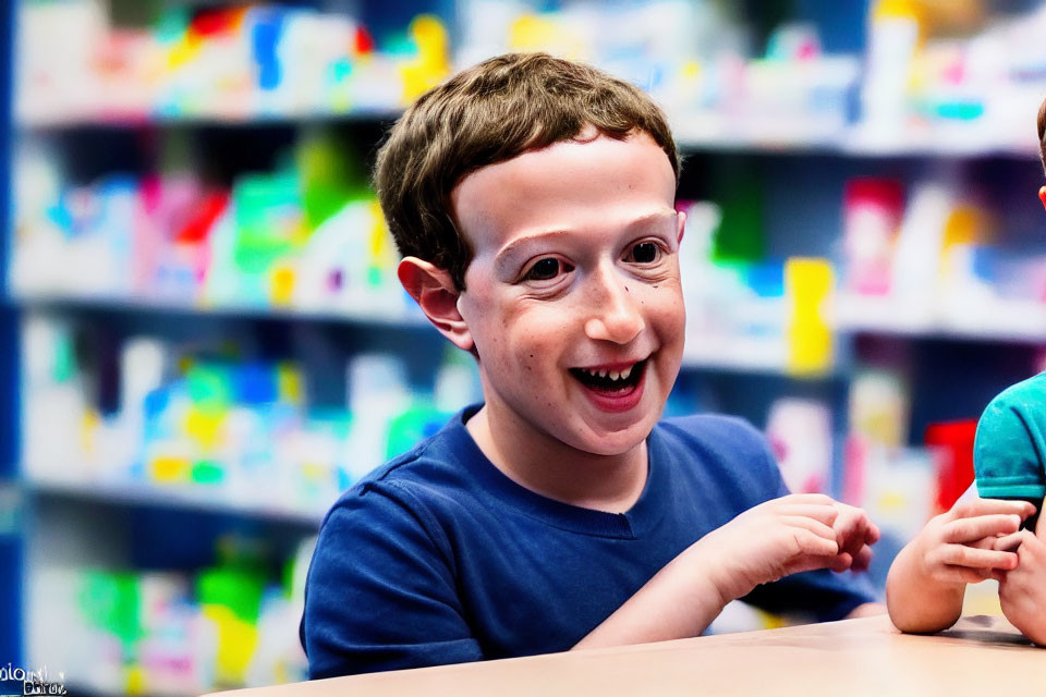 Smiling child in blue shirt indoors with colorful background