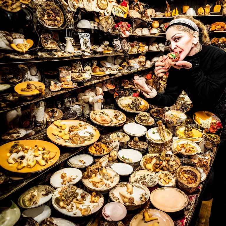 Person with dramatic makeup biting food in chaotic table setting