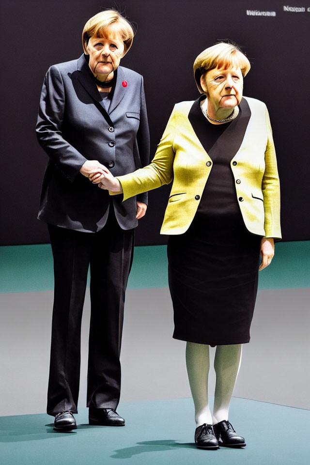 Two figures in black and green outfits standing together.