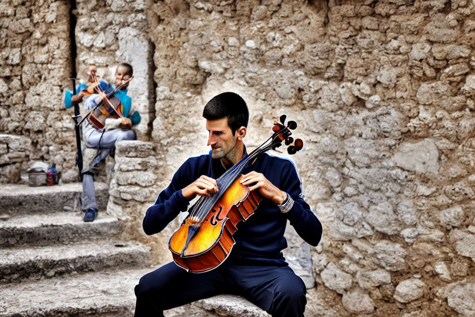 Two musicians playing violin and viola against stone walls