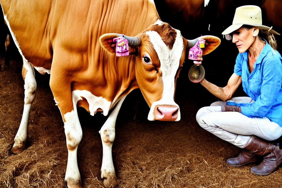 Woman in Cowboy Hat with Cow and Milk Container in Rural Setting