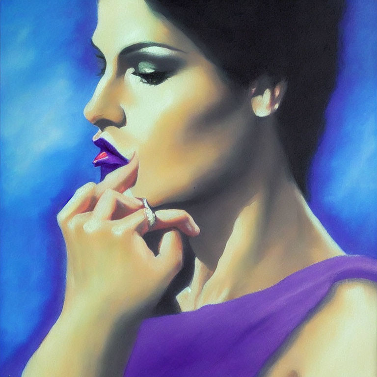 Portrait of Woman in Purple Garment Touching Chin on Blue Background