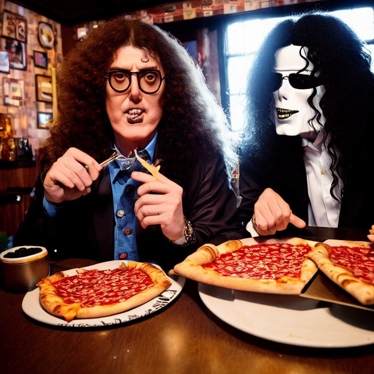 Two People in Quirky Masks Eating Pizza in Diner