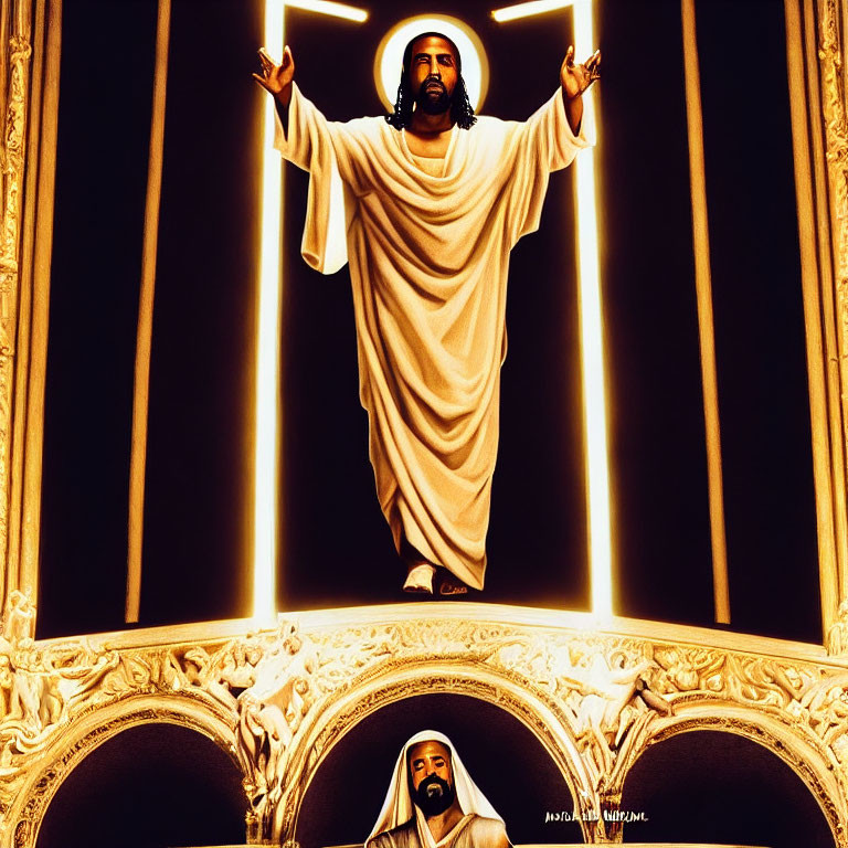 Figure in white robe with arms extended in ornate golden frame, backlit by warm light.