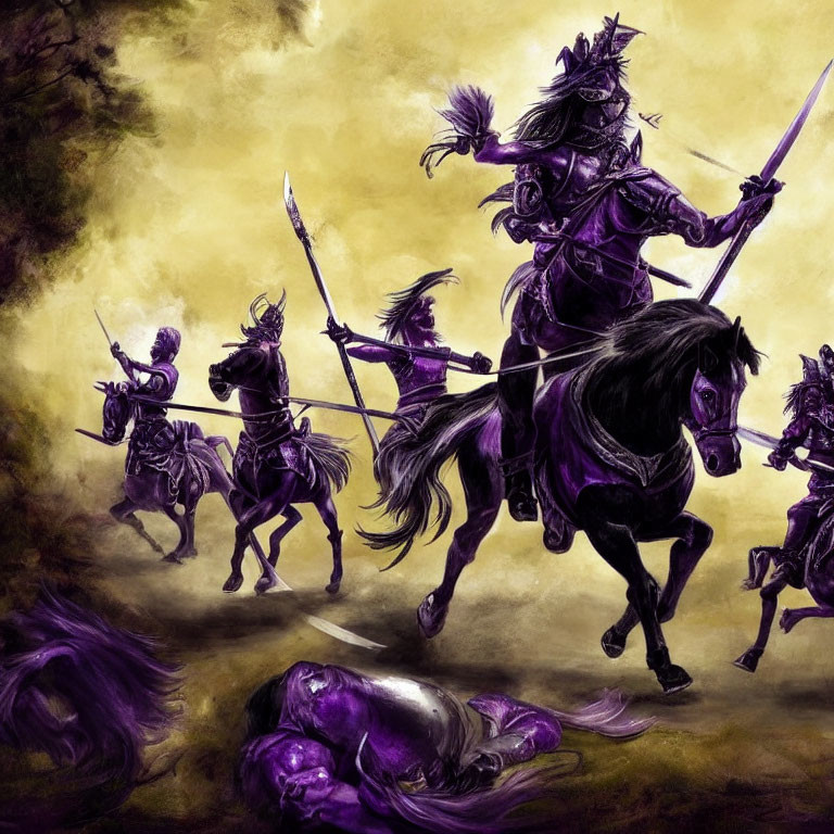 Purple-clad warriors on horseback charging through misty battlefield