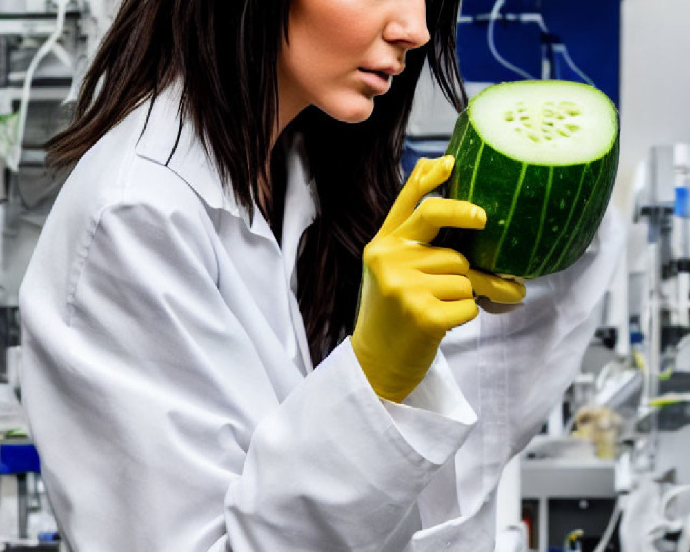 Scientist in lab coat and yellow gloves studying sliced watermelon