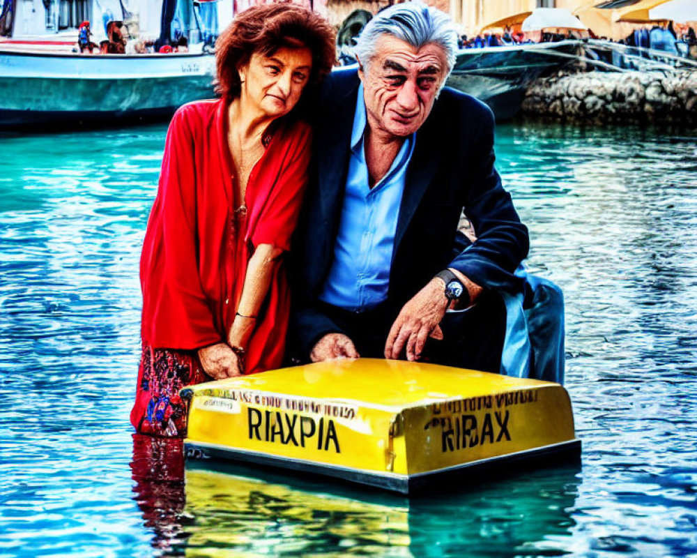 Elderly couple on colorful paddle boat in vibrant harbor scene