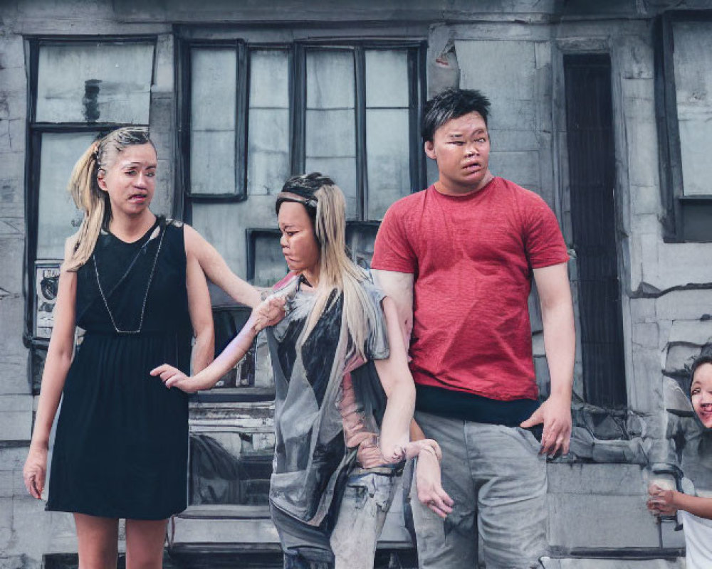 Four people conversing in front of building with Asian characters on sign