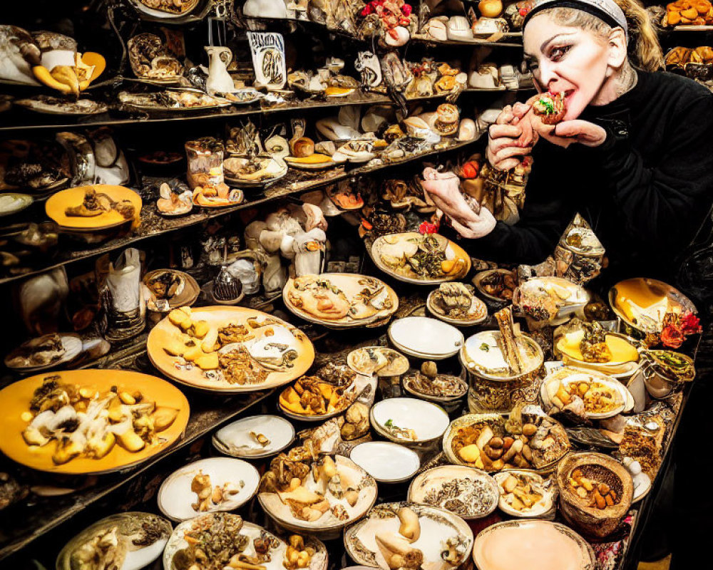 Person with dramatic makeup biting food in chaotic table setting