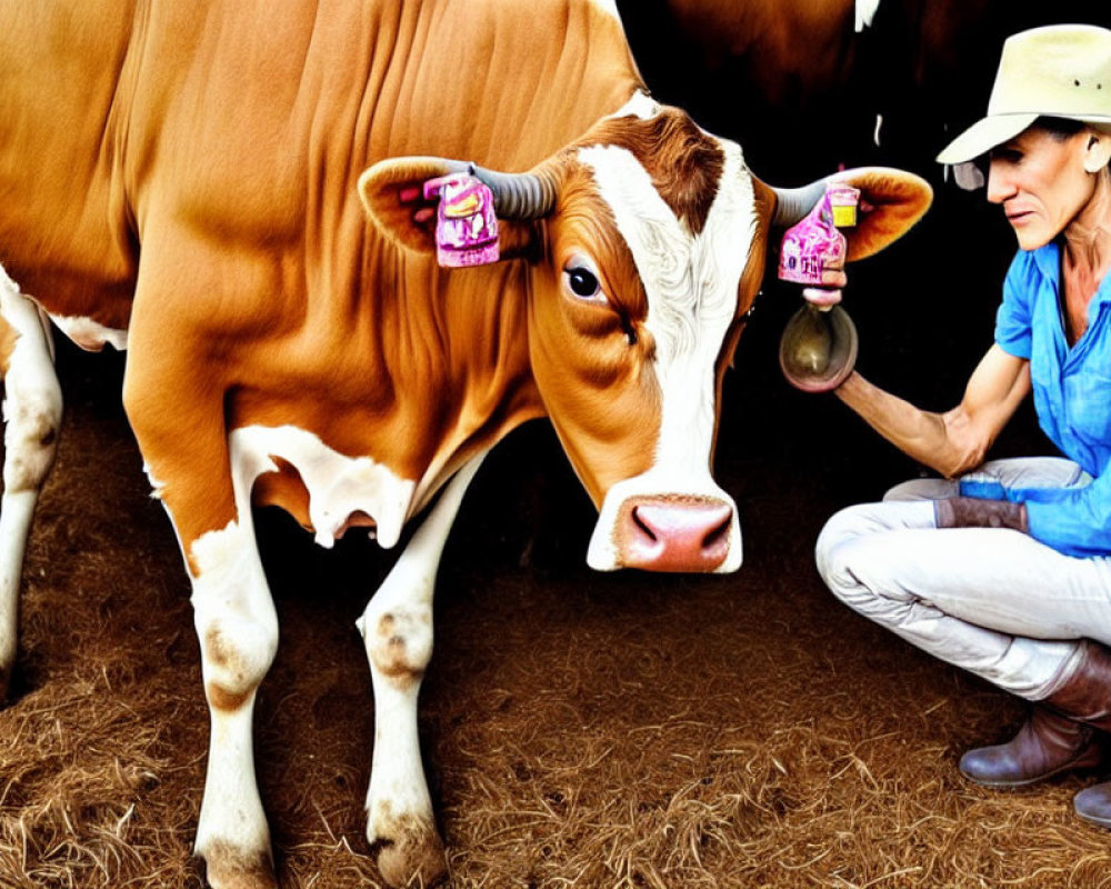 Woman in Cowboy Hat with Cow and Milk Container in Rural Setting