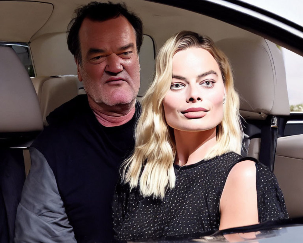 Man in black shirt and woman in black dress sitting in car facing camera