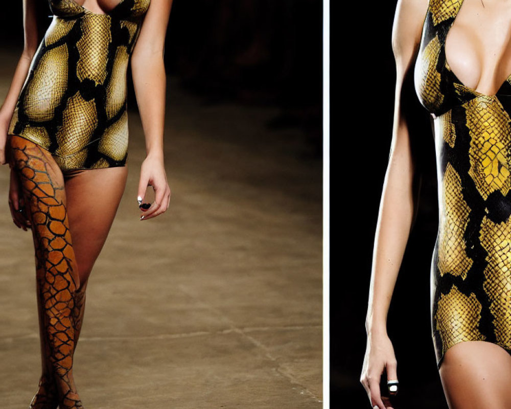 Snake Print Bodysuit & Thigh-High Boots on Runway Model