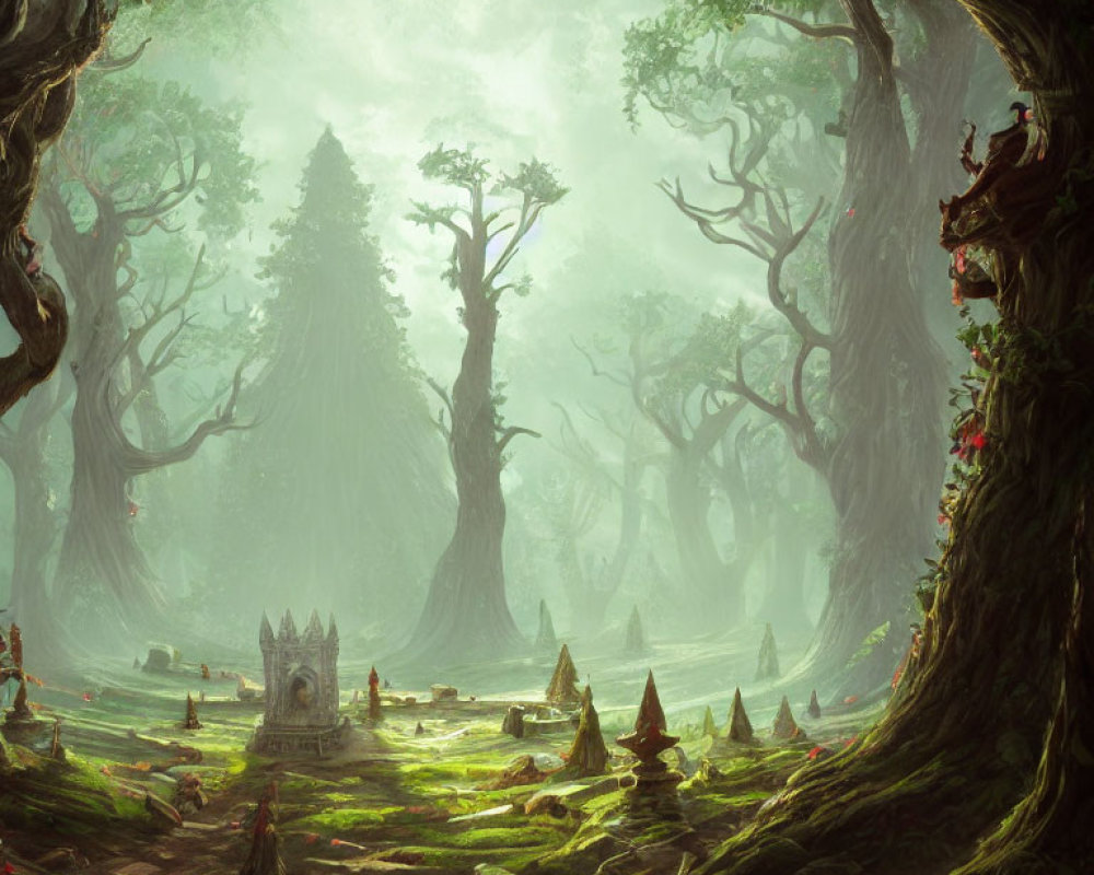 Mystical forest with ancient trees, shrine, and stone ruins