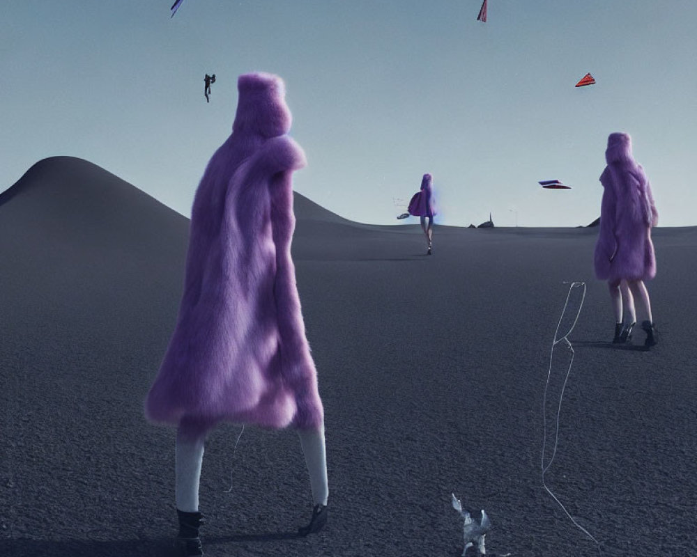 Purple-Coated Figures in Surreal Desert with Colorful Shapes and Chalk Outline