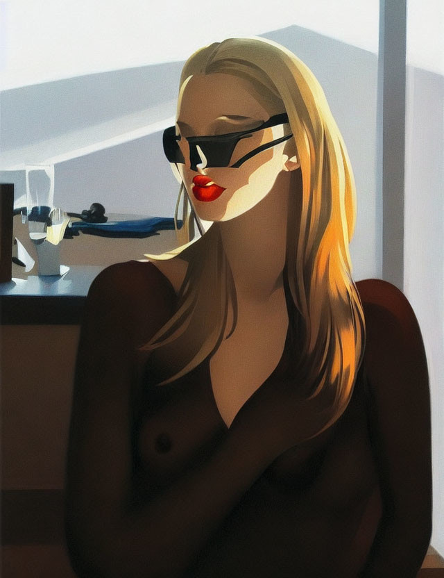 Blonde woman in sunglasses and blazer under dramatic lighting