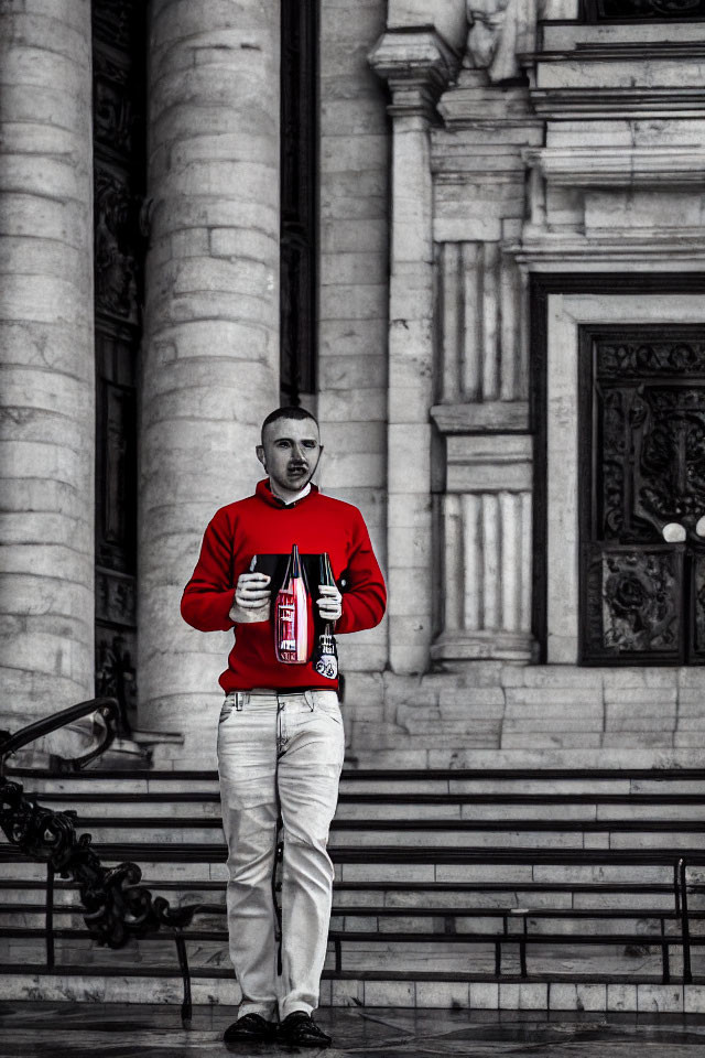 Man in Red Sweater and White Pants Holding Bottle in Front of Building with Ornate Columns, Select