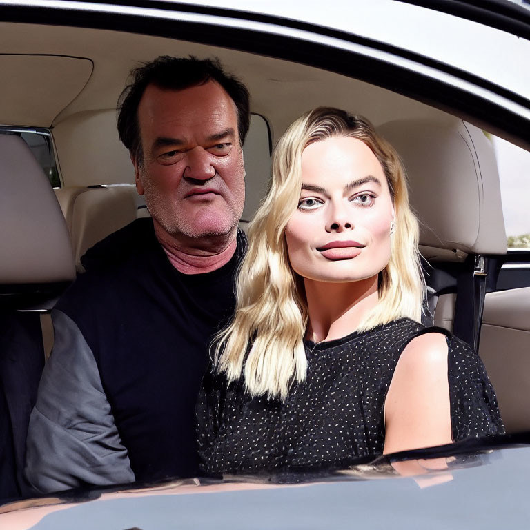 Man in black shirt and woman in black dress sitting in car facing camera