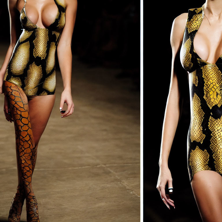 Snake Print Bodysuit & Thigh-High Boots on Runway Model