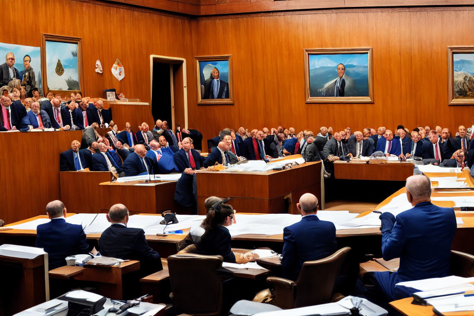 Corporate Meeting with Attendees in Suits Around Wooden Conference Table