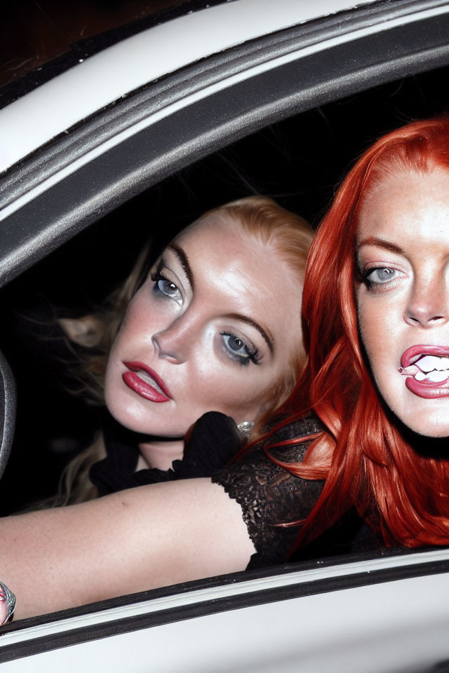 Two women with striking makeup in car window: platinum blonde and vibrant red hair, dark attire