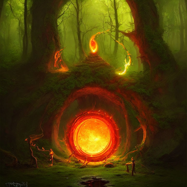 Enchanted forest with glowing portal and figures