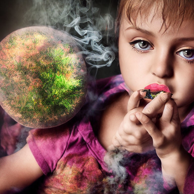 Child with striking eyes blows dandelion seeds into vibrant mini-world