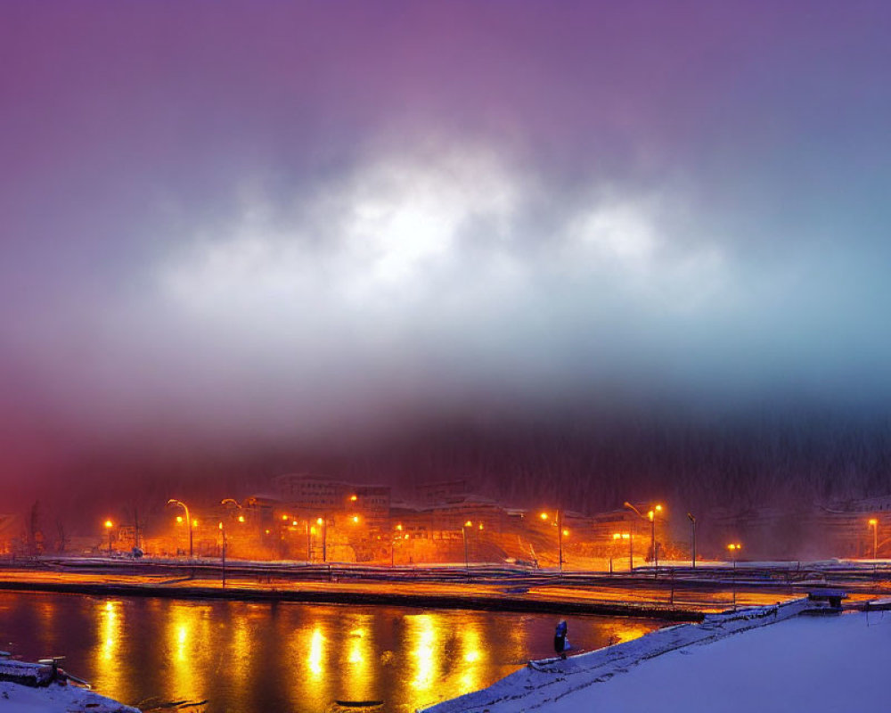 Snow-covered river banks under glowing street lamps on a tranquil winter evening