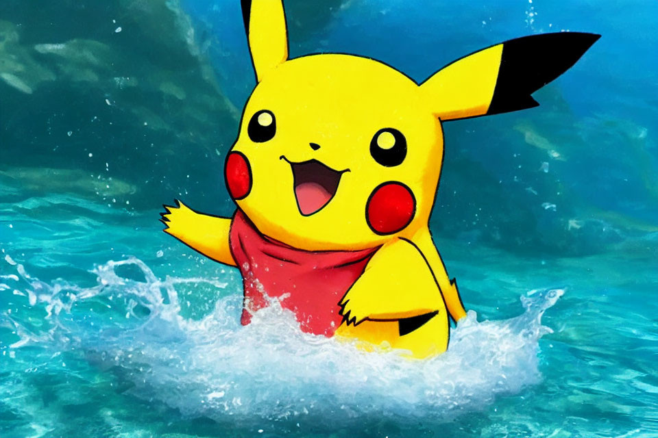 Yellow Electric-Type Pokémon Splashing in Blue Water