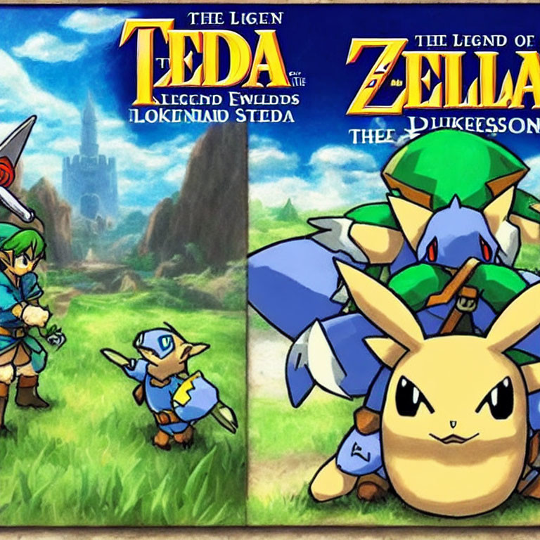 Parody video game covers with Link-like character and Pikachu-like creature