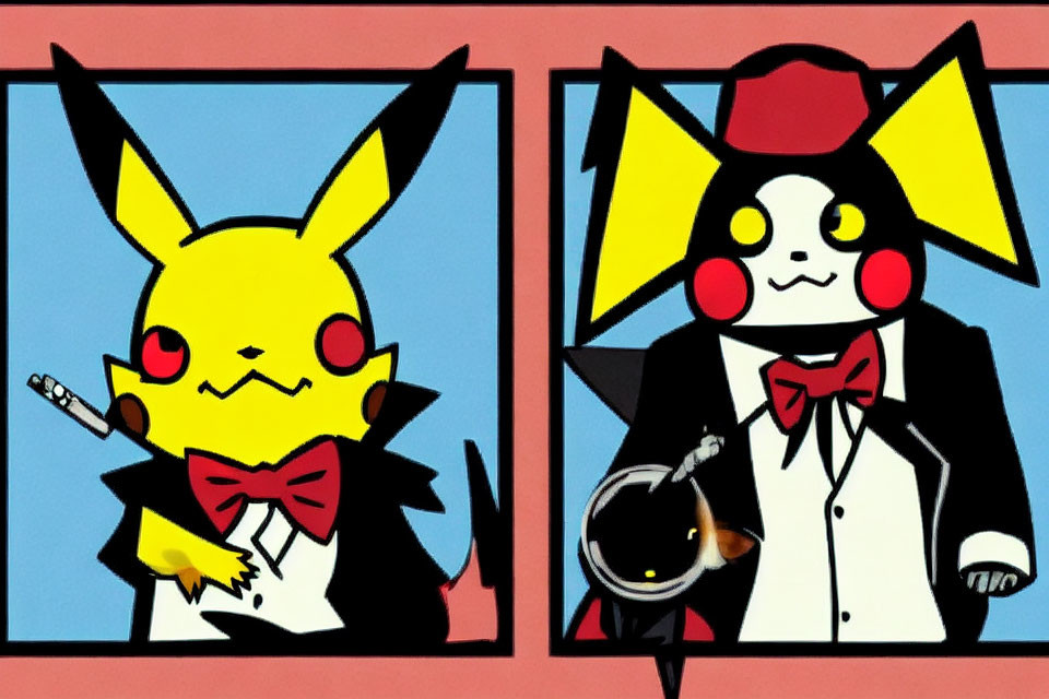 Stylized Pikachu in Classic and Gentleman Attire Panels