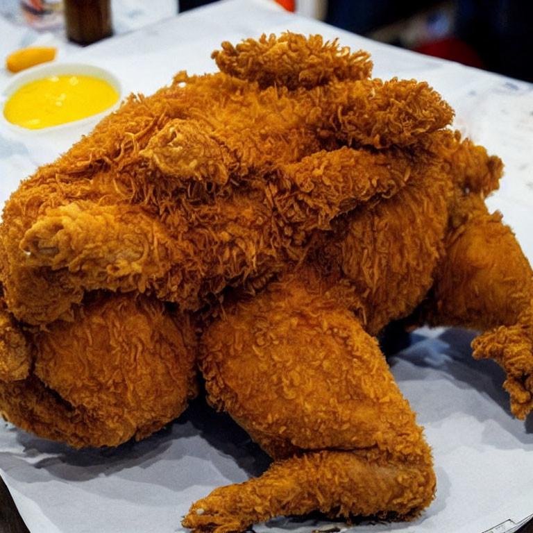 Golden-brown crispy fried chicken on white paper sheet