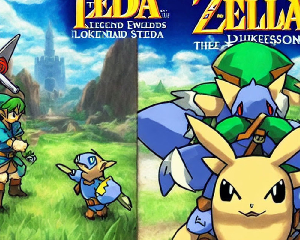 Parody video game covers with Link-like character and Pikachu-like creature