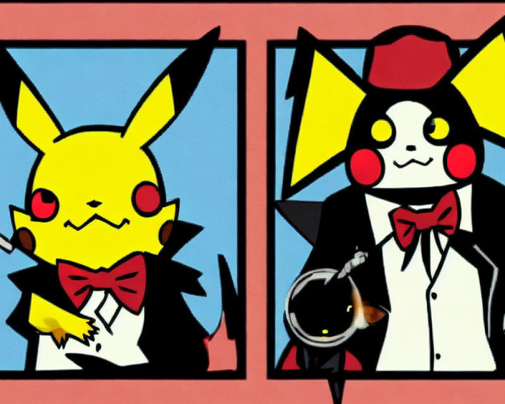 Stylized Pikachu in Classic and Gentleman Attire Panels