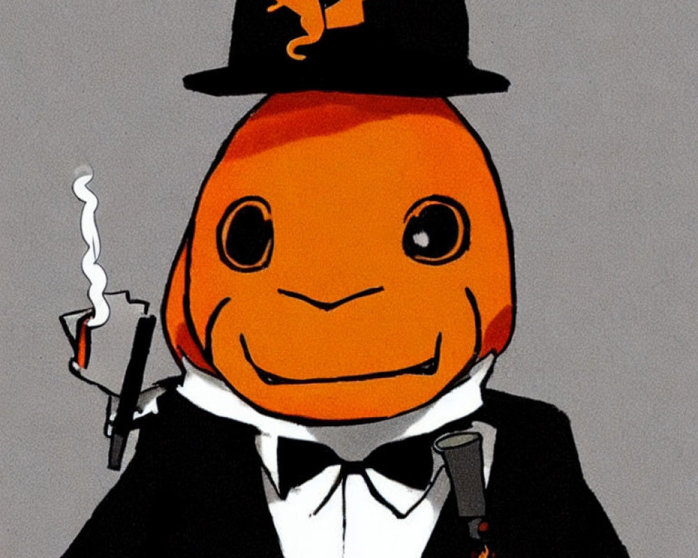 Anthropomorphic orange in tuxedo with smoking gun and drink, tiny orange figure on hat