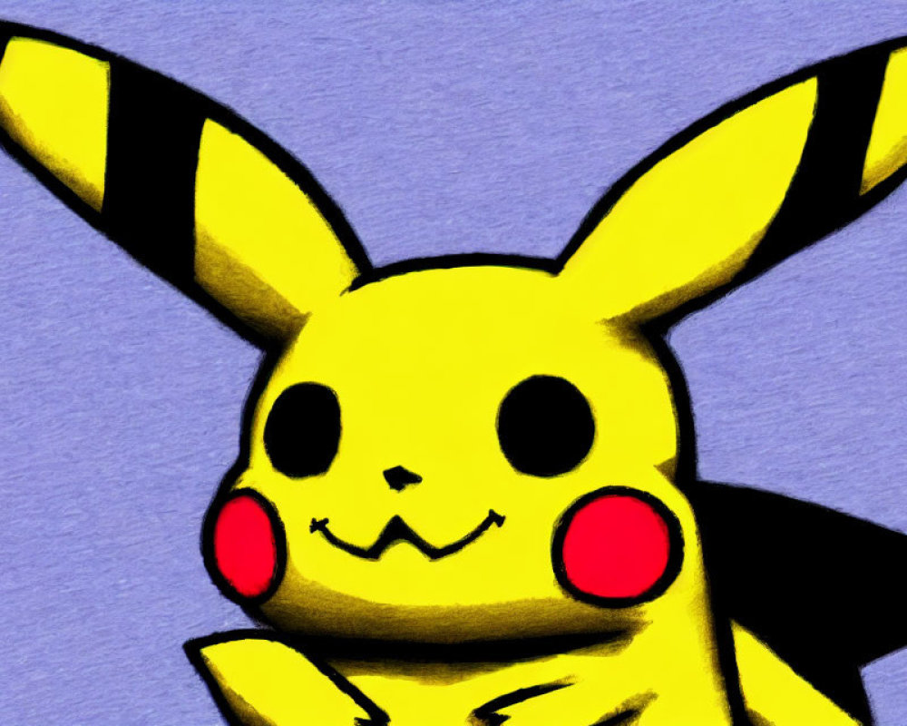 Illustrated Pikachu with big-headed perspective on purple background