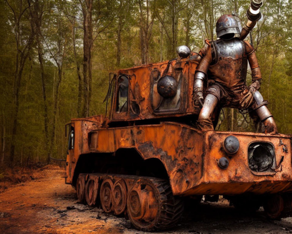 Medieval knight in armor on rusty truck in autumn forest