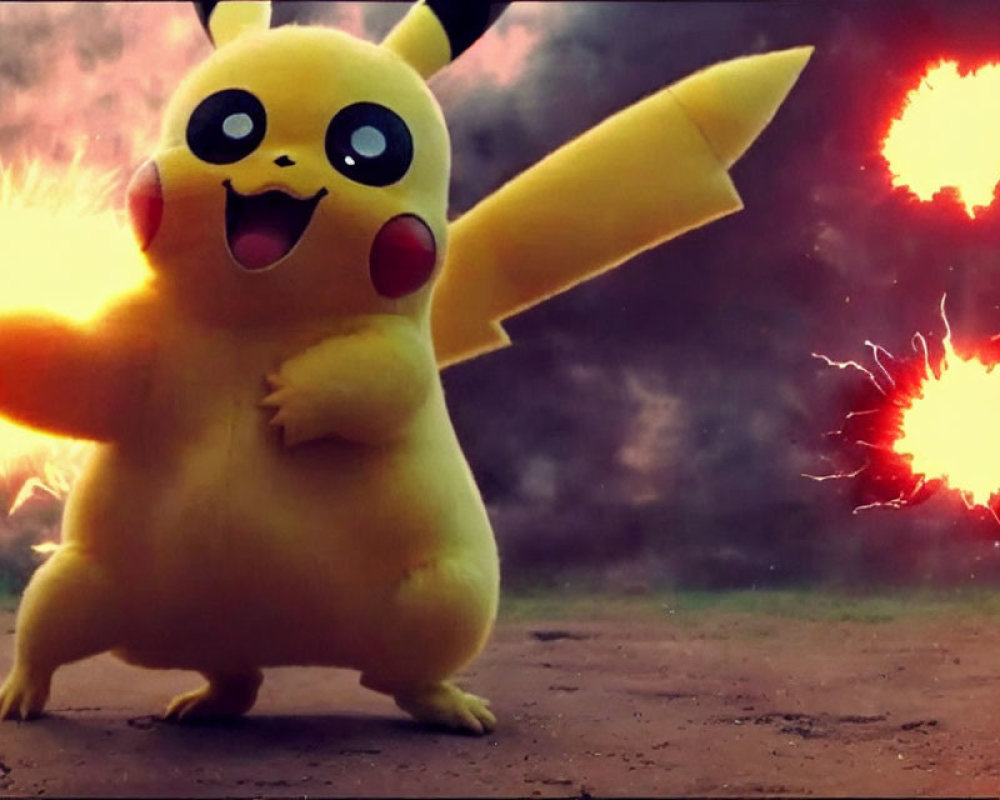 Startled Pikachu with Explosions in Background