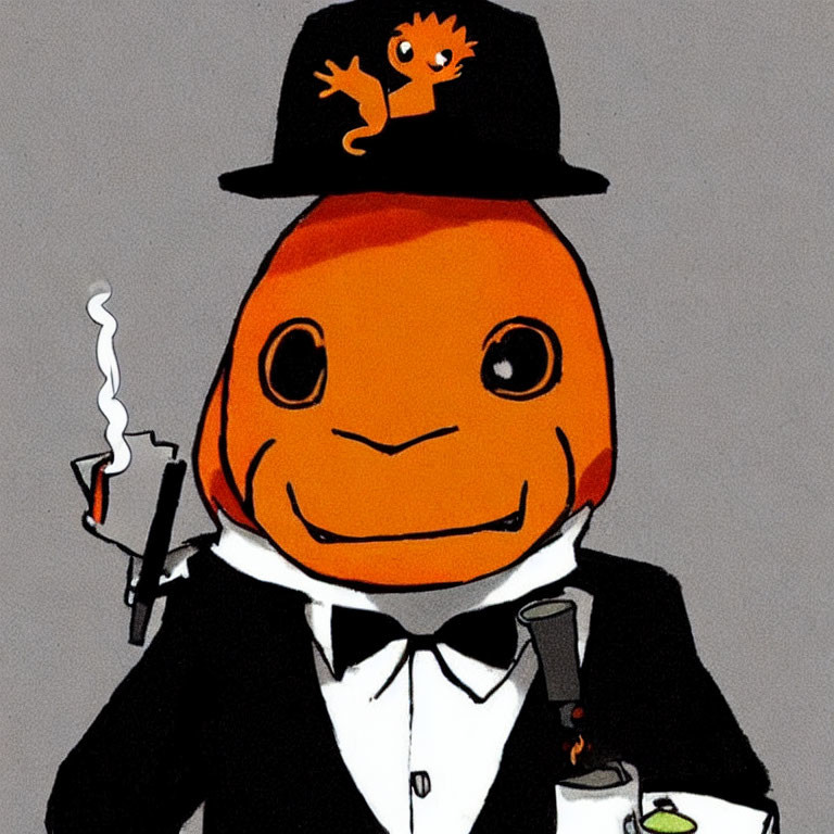 Anthropomorphic orange in tuxedo with smoking gun and drink, tiny orange figure on hat