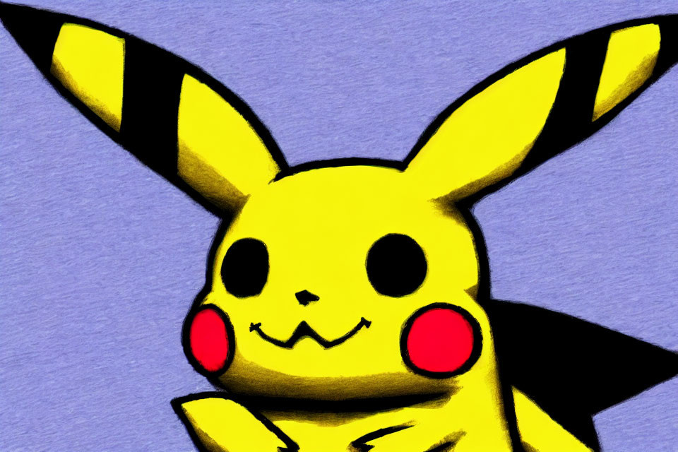 Illustrated Pikachu with big-headed perspective on purple background