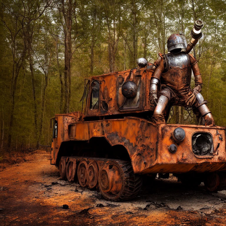 Medieval knight in armor on rusty truck in autumn forest