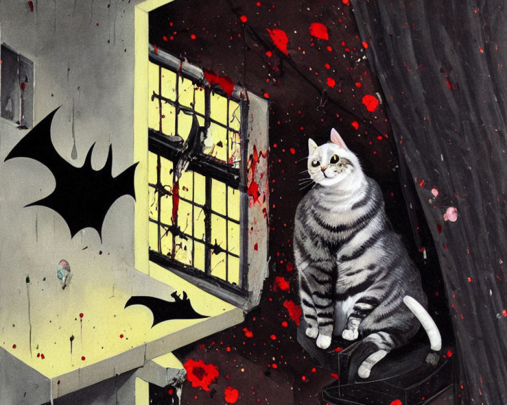 Striped cat on tilted surface with bat silhouette, broken window, and red petals in dark setting