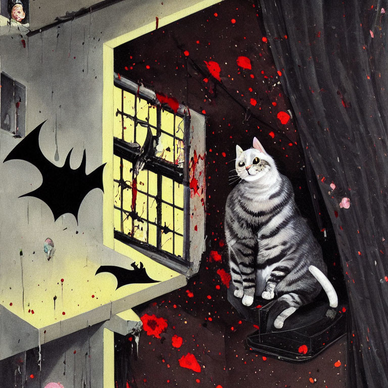 Striped cat on tilted surface with bat silhouette, broken window, and red petals in dark setting