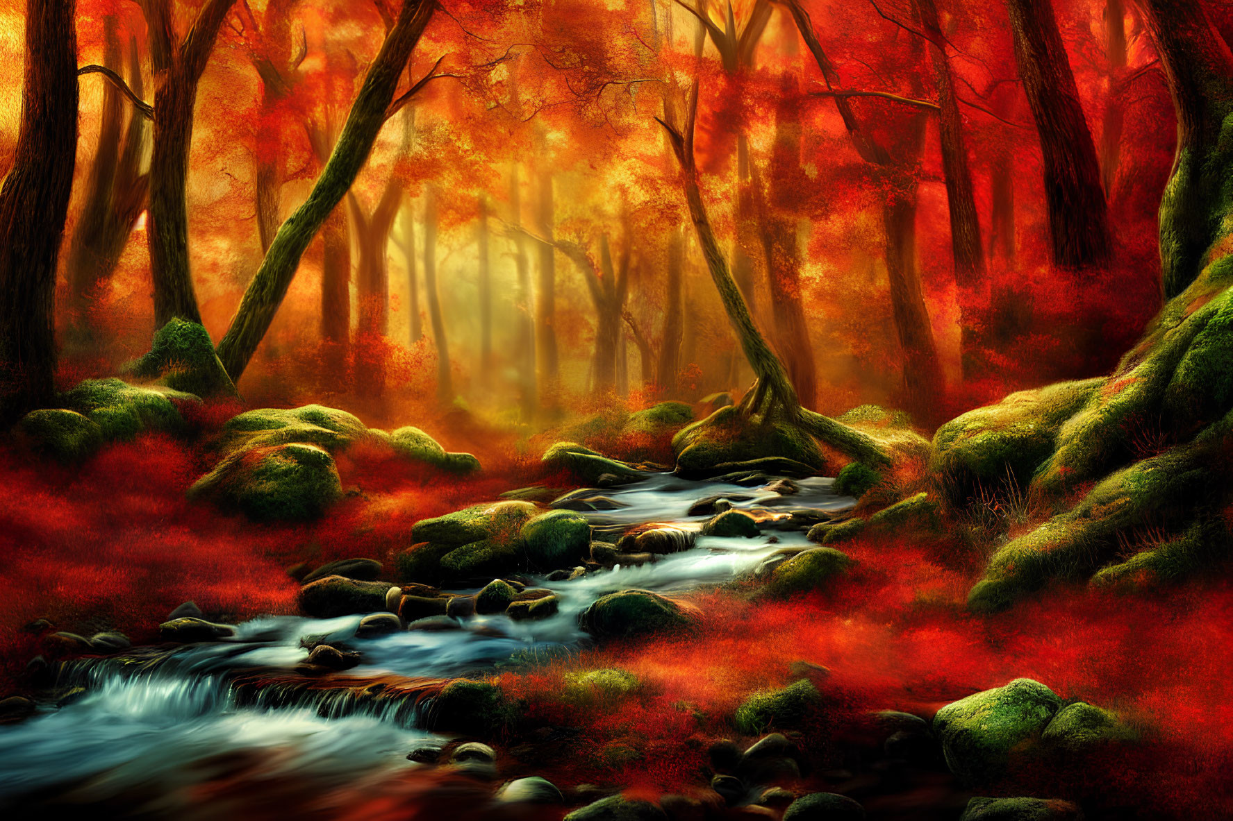 Vibrant autumn forest with babbling brook and dreamlike haze