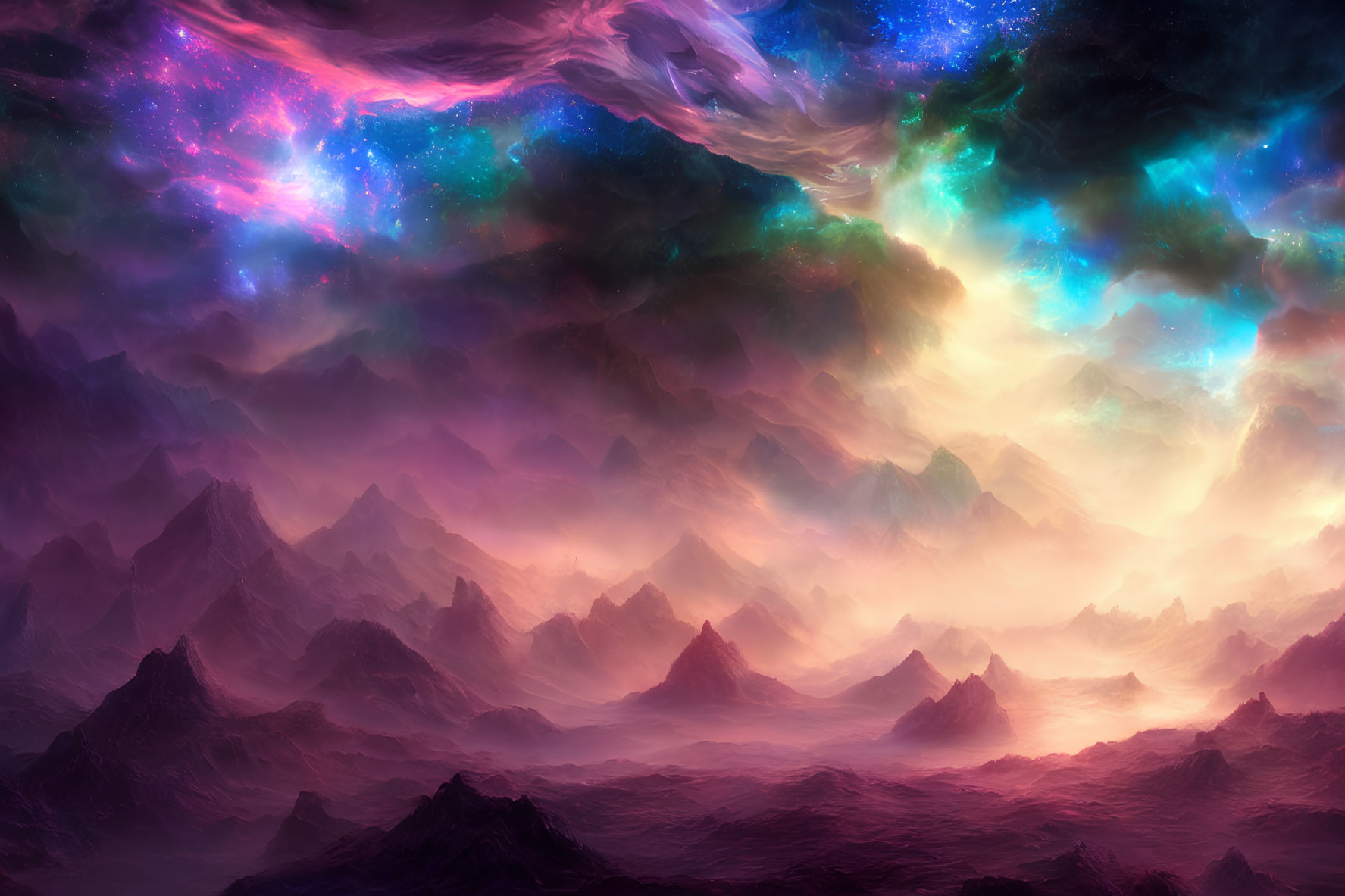 Majestic mountains under vibrant galaxy-filled sky